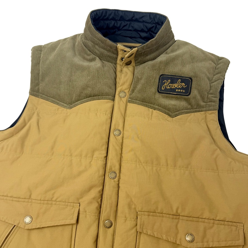 Howler Brothers Rounder Vest Mens Medium Khaki Tan Corduroy Yoke Quilted Puffer